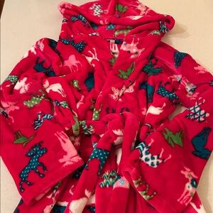 Little Blue House Unisex Fleece Robe Moose on Red Hooded with Pockets